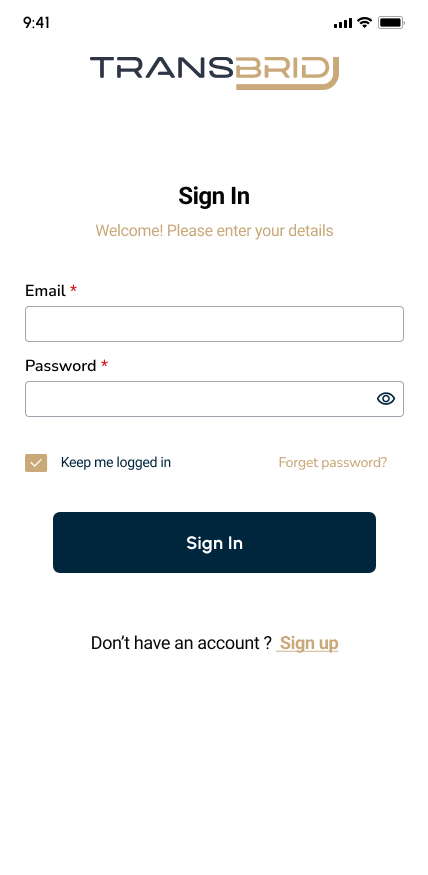 Transbridj sign in screen